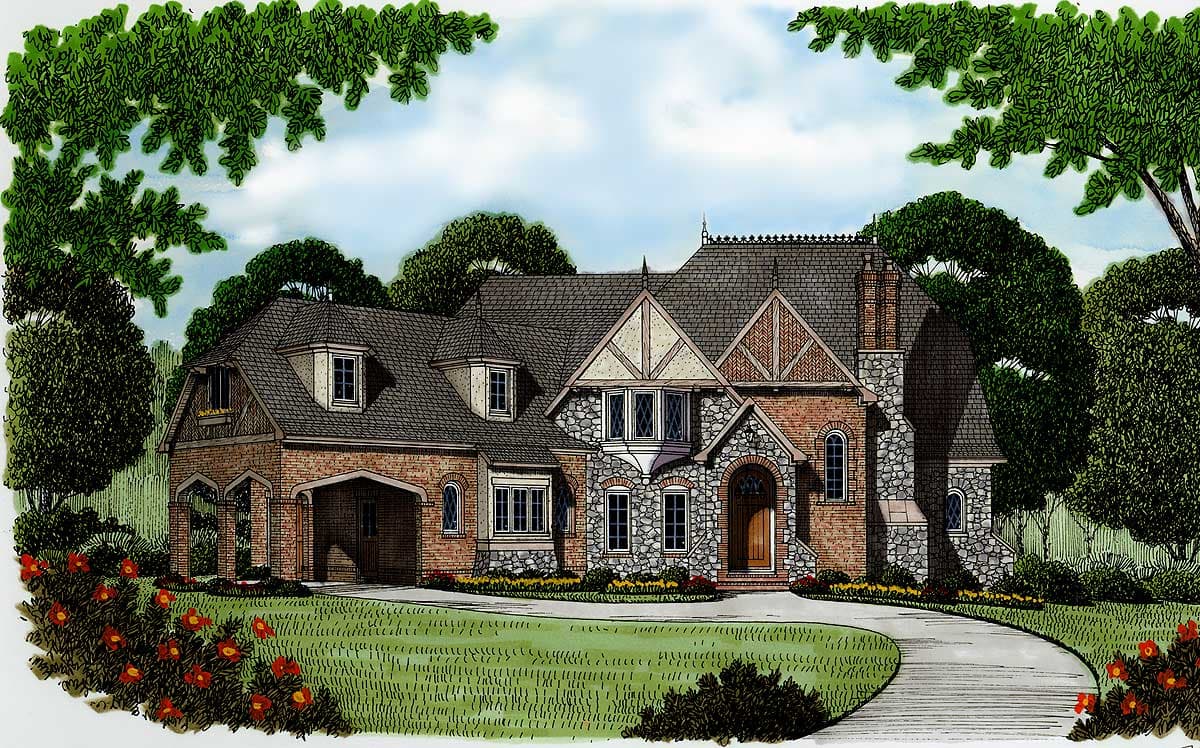 House plan exterior of a multi-story home with brick and stone facade, prominent gables, dormers, and a porte-cochère.