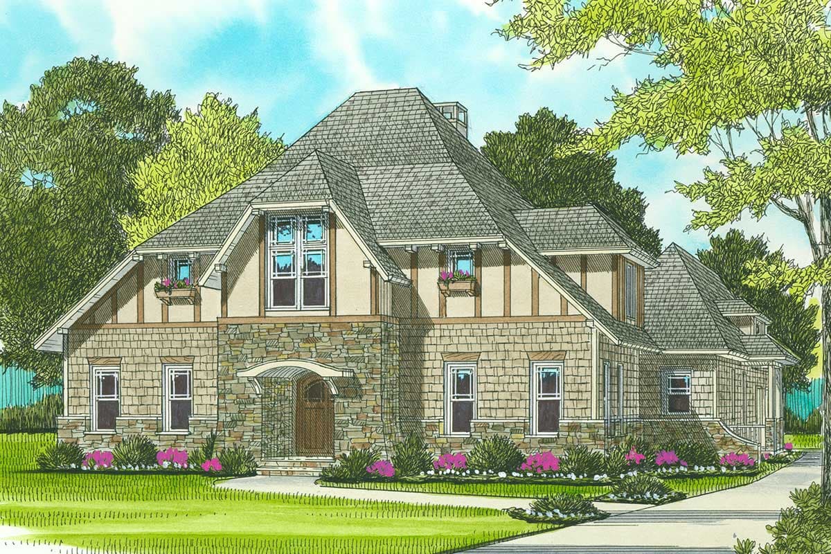 House plan exterior with stone and shake siding, multiple gables, dormers, and a prominent front entrance.