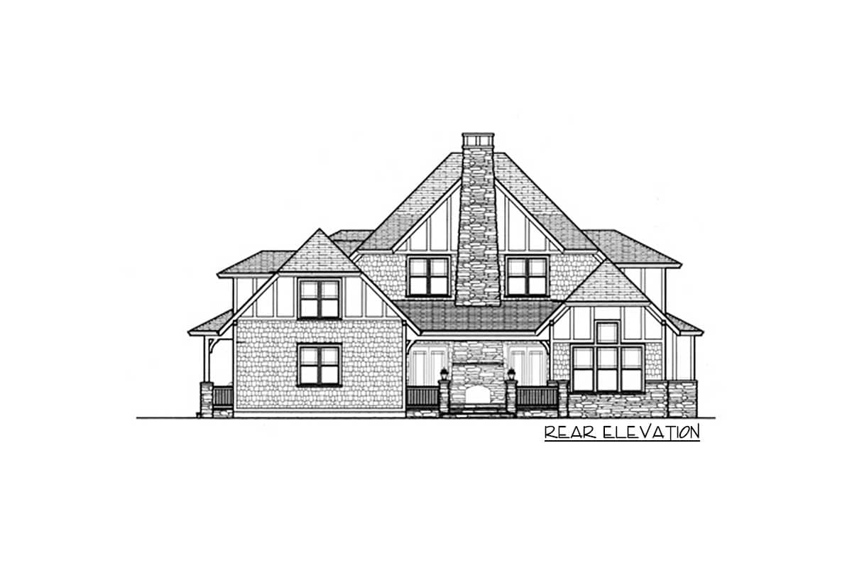 Rear elevation house plan with multiple gables, stone chimney, covered porch, and mixed siding.