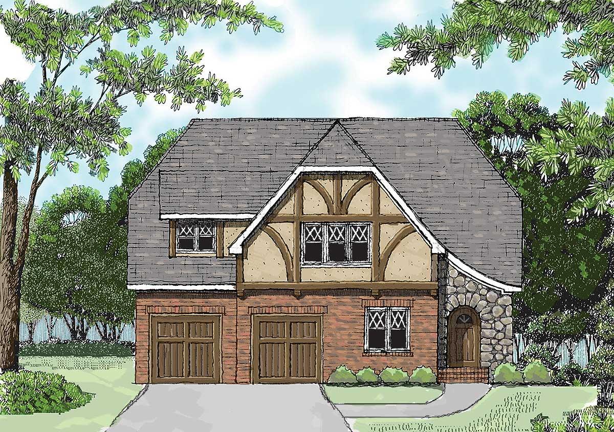 Tudor style house plan exterior with two-car garage, stone entryway, and decorative half-timbering.