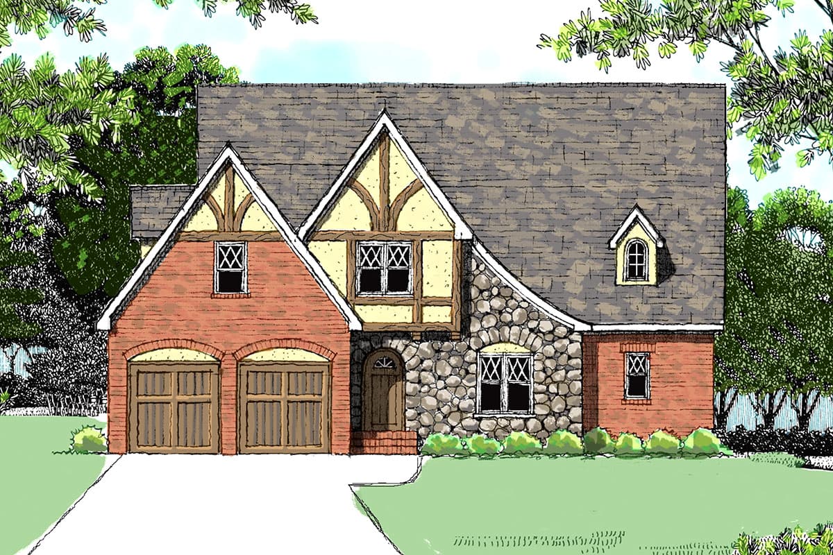 House plan exterior: Tudor style, two stories, two-car garage with arched doors, stone and brick facade, and prominent gables.