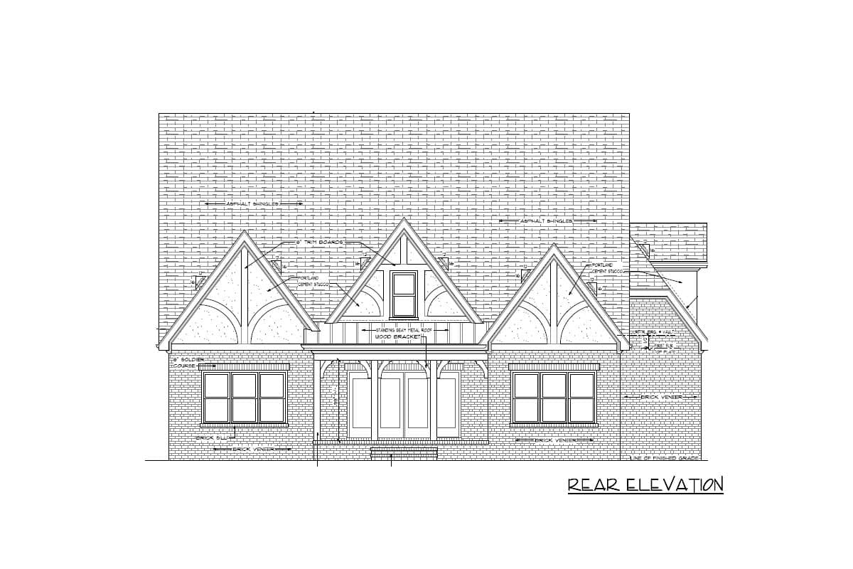 Rear elevation house plan drawing showing brick veneer, multiple gables with decorative brackets, and a covered entrance with double doors.