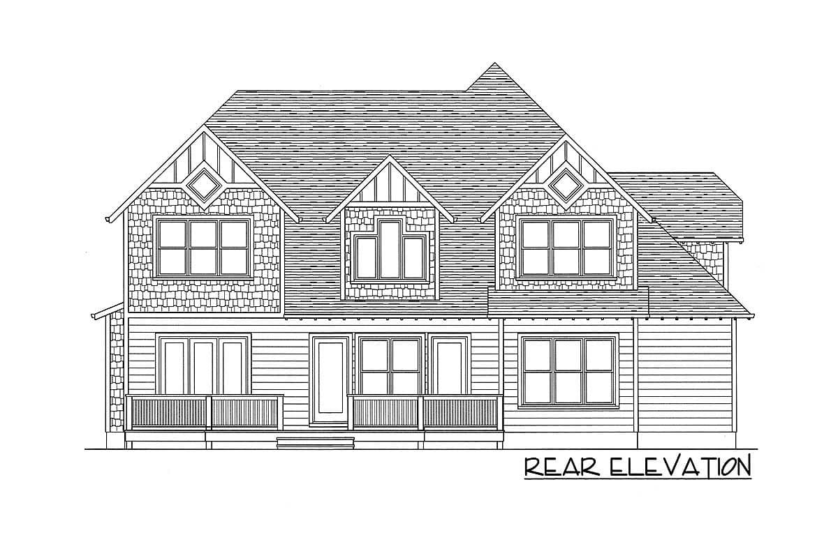 Rear elevation house plan: two stories, full-width porch, multiple gables with diamond accents, and shingle and lap siding.