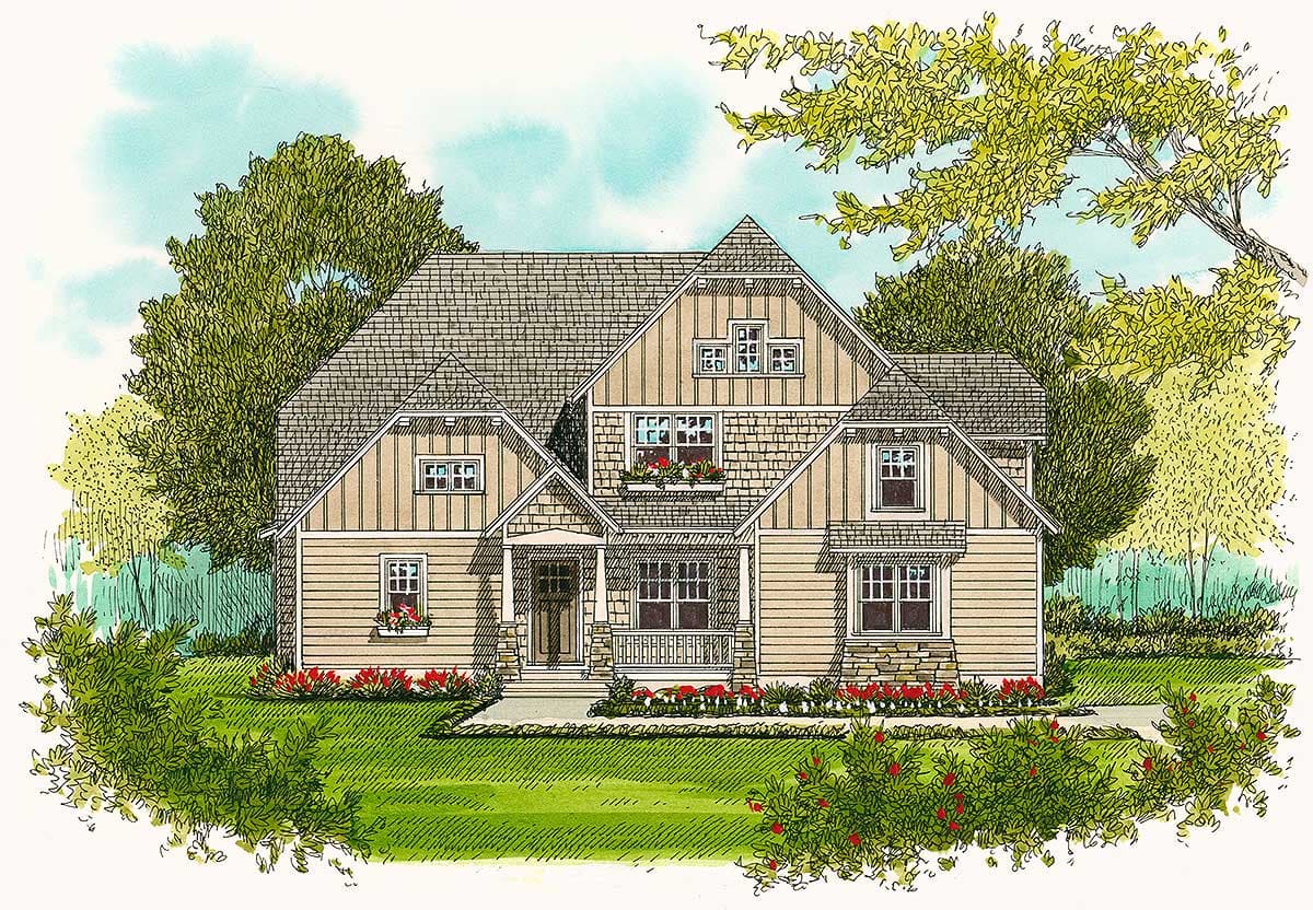 Craftsman style house plan exterior with a front porch, gables, dormers, and stone accents.
