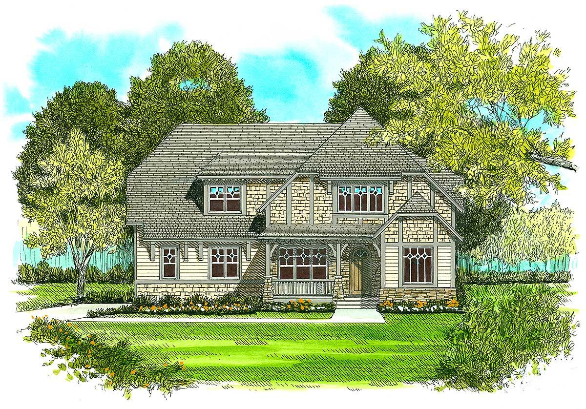 Craftsman style house plan exterior with gabled dormers, stone and siding facade, and covered front porch.