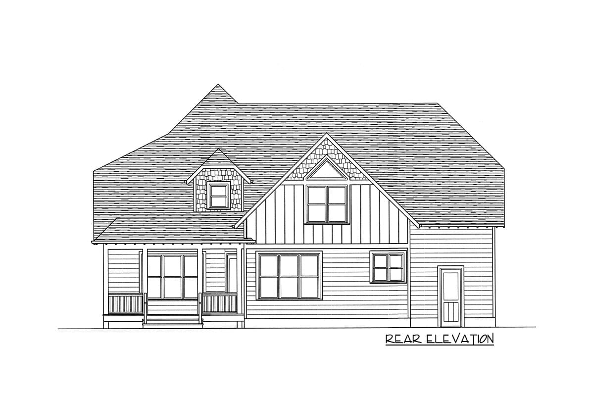 Rear elevation drawing of a two-story house plan with gabled dormers, a covered porch, and board-and-batten siding.