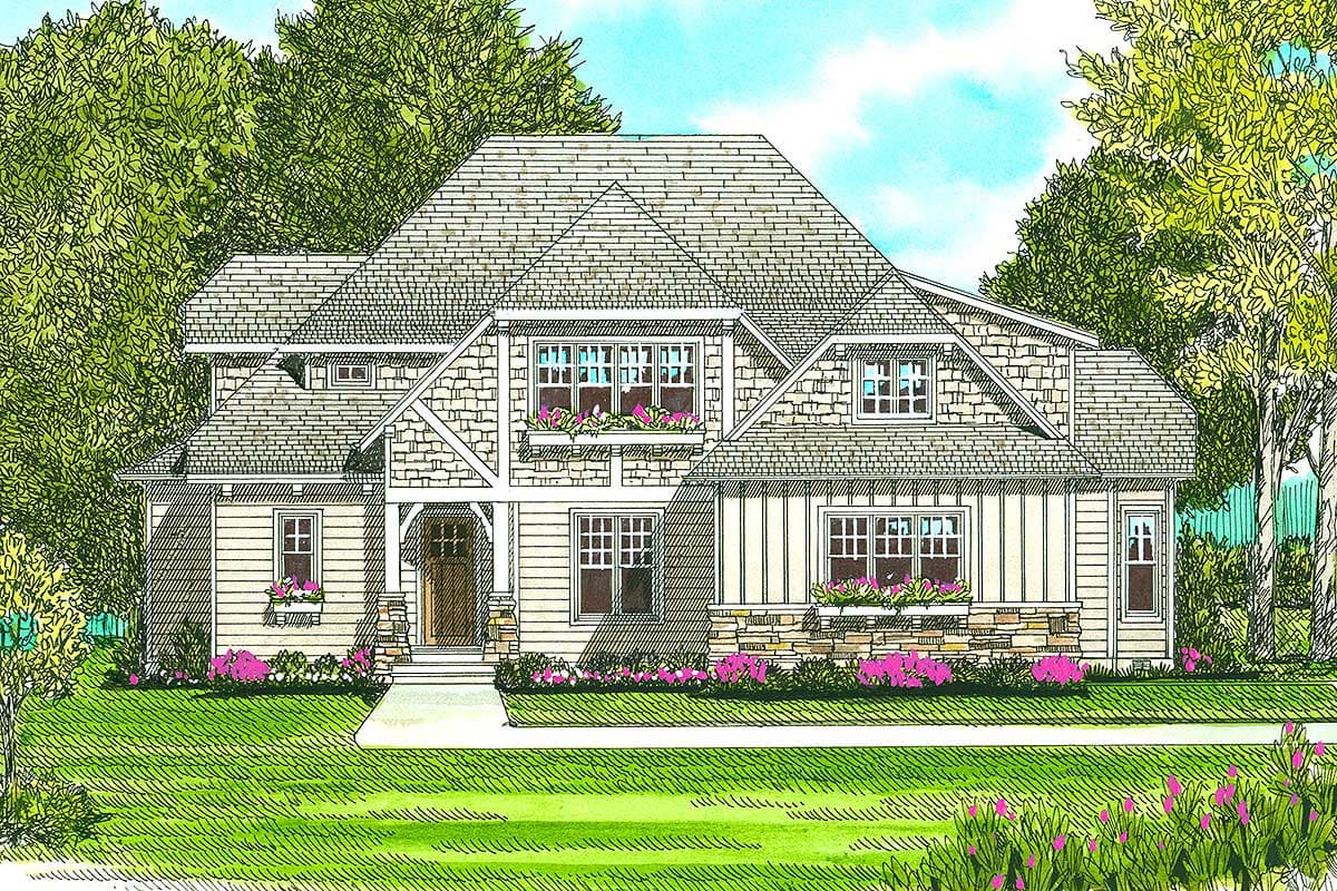 House plan exterior of a two-story home with a gable roof, dormers, stone accents, and a covered entry.