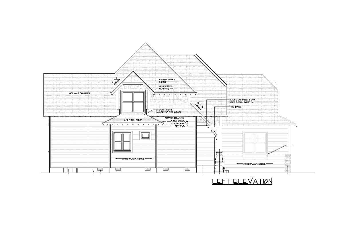 Left elevation house plan showing asphalt shingles, 6/12 pitch roof, cedar shake siding, and hardiplank siding.