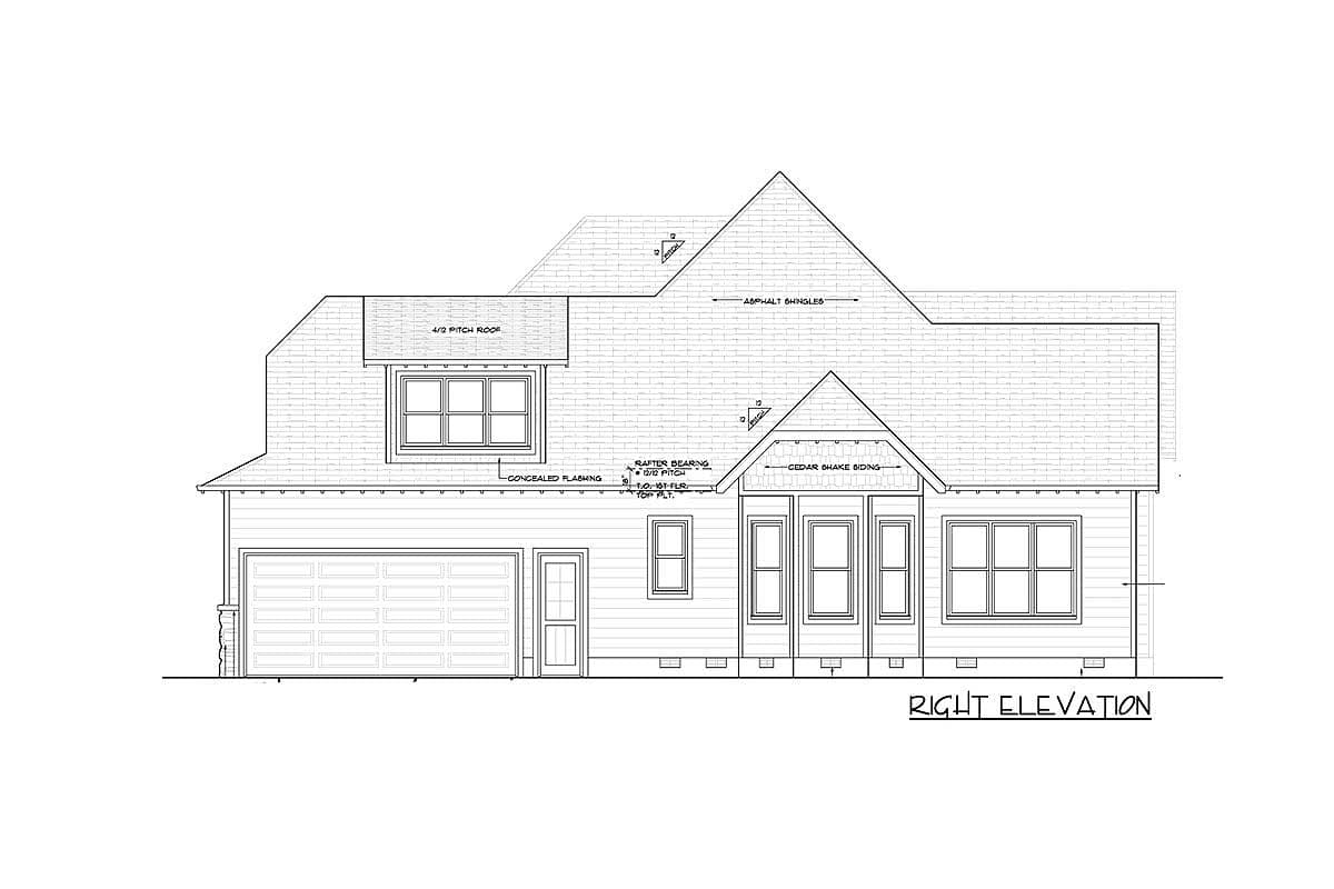 House plan right elevation showing a two-story house with a garage, asphalt shingles, and cedar shake siding.
