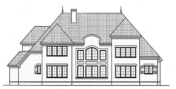 House plan exterior elevation showing a multi-story home with multiple gables, a prominent arched window feature, and varied rooflines.