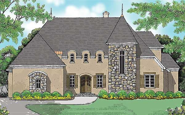 House plan exterior with stone accents, arched dormers, and a steeply pitched roof with a turret.