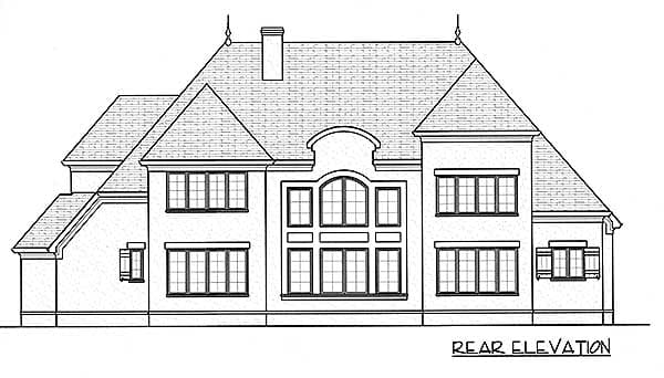 Rear elevation drawing of a multi-story house with a mansard roof, dormers, multiple gables, and a prominent arched window.