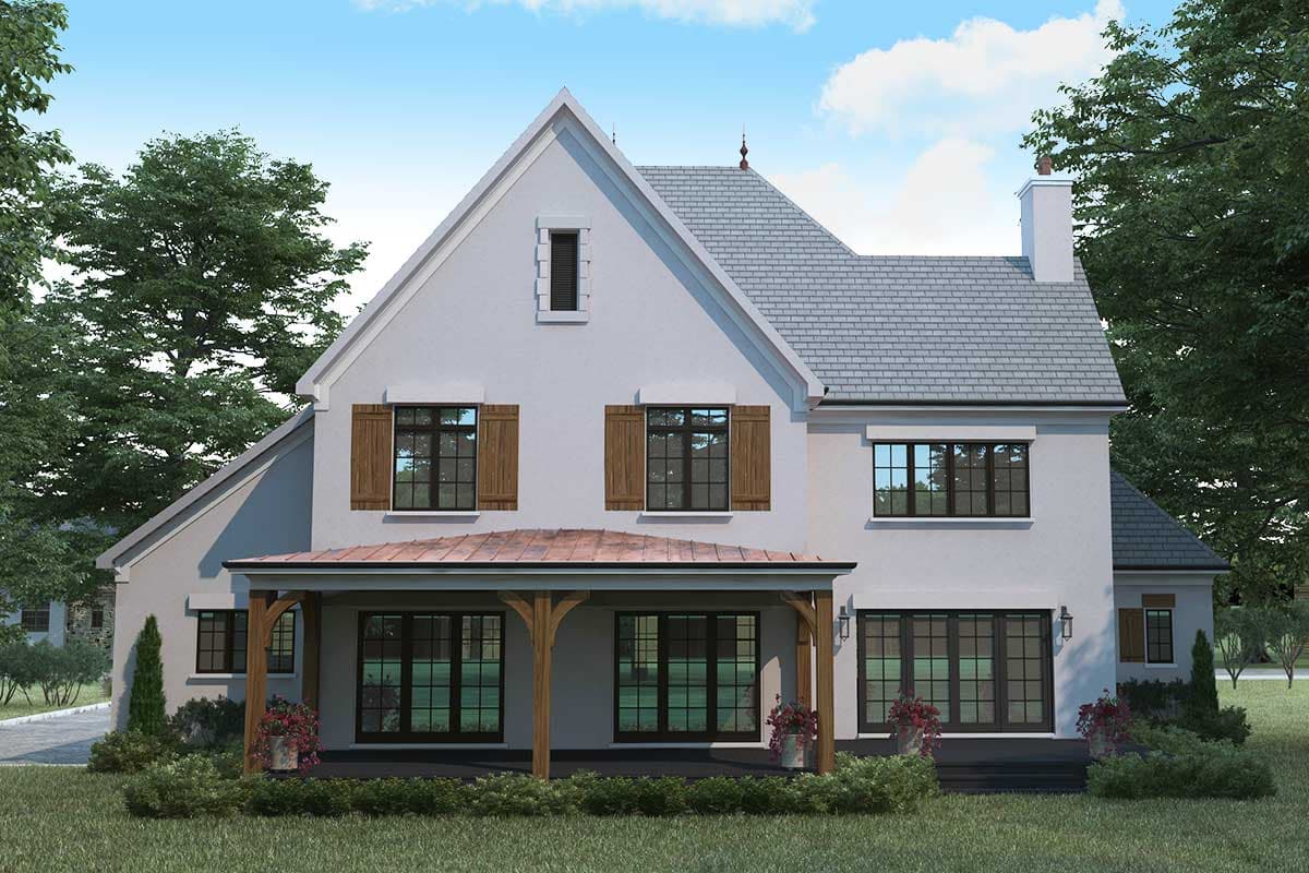 House plan exterior, two-story, white stucco, gable roof, covered porch with wooden posts, and shuttered windows.