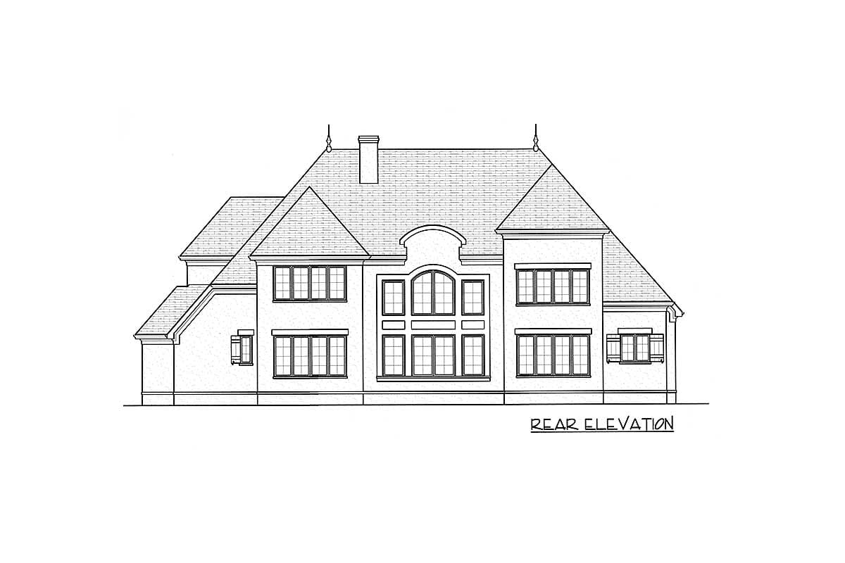 Rear elevation drawing of a large house with a mansard roof, prominent central arched window arrangement, and multiple gable dormers.