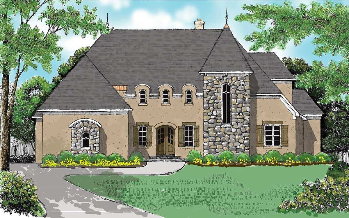House plan exterior: Two-story French Country style with stone accents, arched windows, dormers, and a steeply pitched roof.
