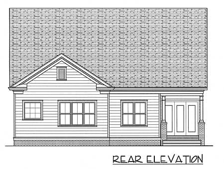 Rear elevation drawing of a house plan with a prominent gable, multiple windows, and a covered entry with double doors.