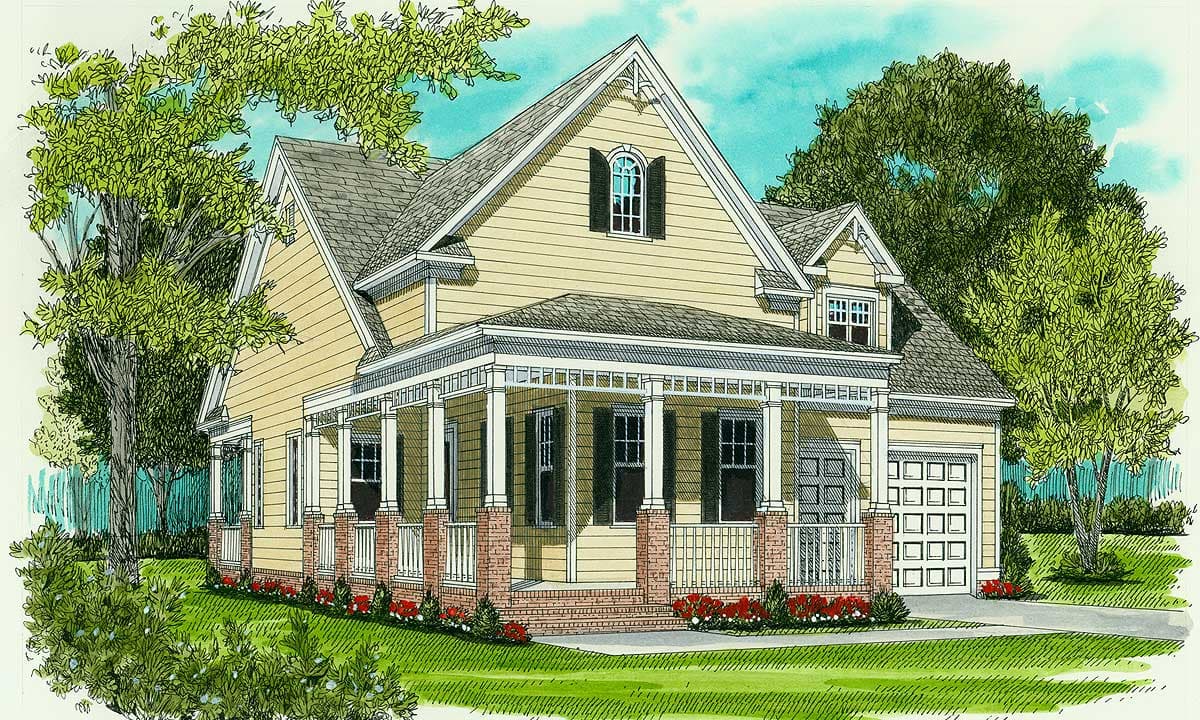 House plan exterior: two-story home with full-width porch, gabled dormer, and attached two-car garage.