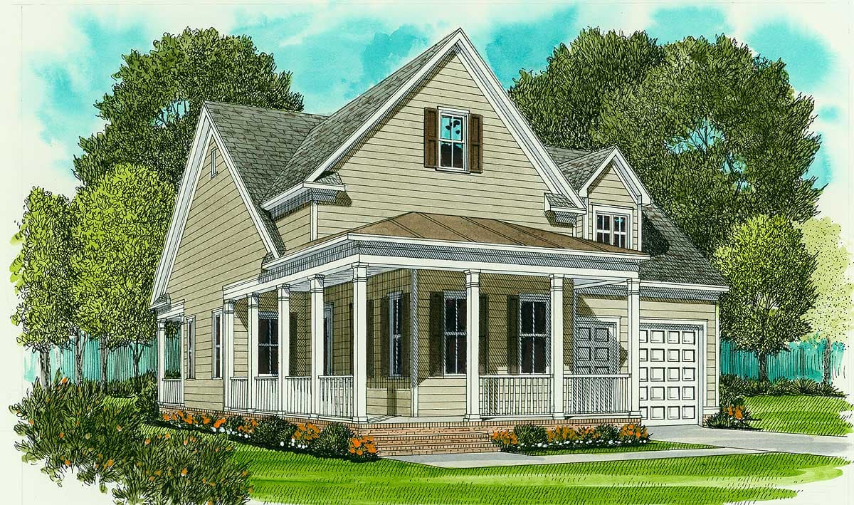 House plan exterior: Two-story home with a wraparound porch, gables, dormers, and attached garage.