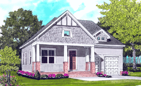 House plan exterior: Craftsman style, one-story with gable dormers, covered front porch with columns, and attached garage.