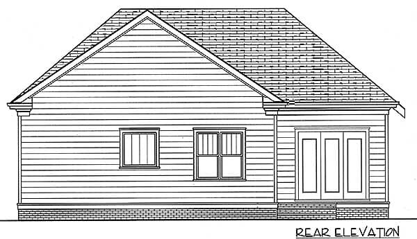 Rear elevation of a house plan featuring horizontal siding, two windows, and double doors with a gabled roof.