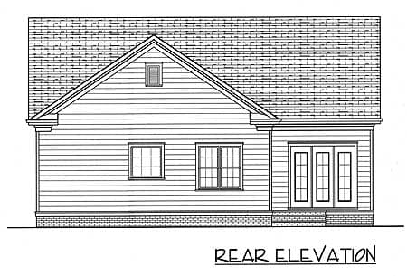 Rear elevation drawing of a house with horizontal siding, a gable roof, a dormer window, two square windows, and double doors.