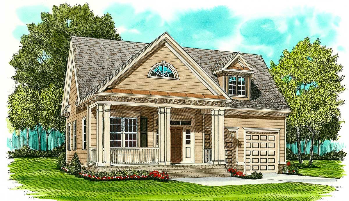 House plan exterior: Craftsman style, one-story with a prominent front porch, arched dormer window, and attached garage.