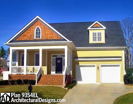 House plan exterior: One-story, two-car garage side entry, covered front porch with columns, arched gable window, and dormer.