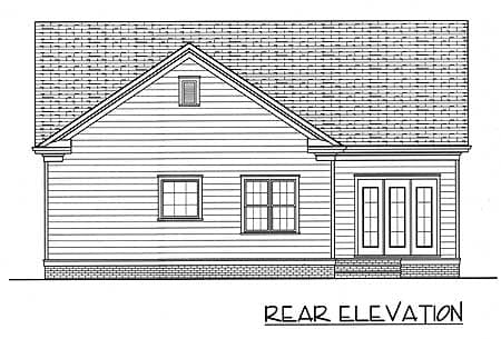 Rear elevation house plan drawing with double doors, two windows, and a dormer.
