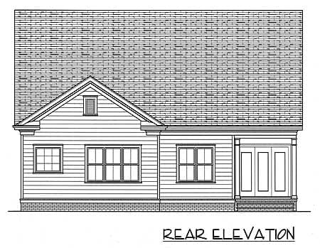 Rear elevation drawing of a house plan showing a gable roof, clapboard siding, multiple windows, and a double-door entry.