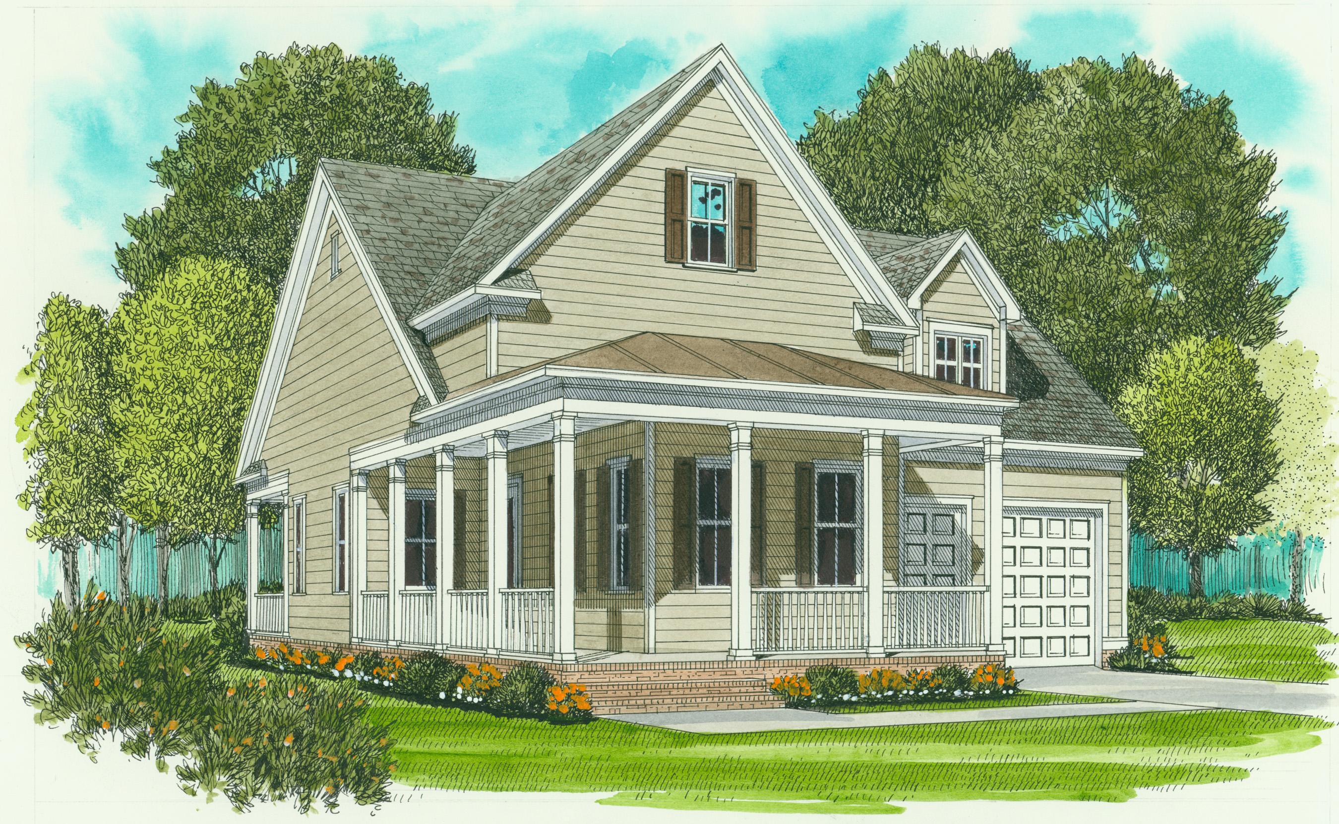 House plan exterior: Two-story home with a wraparound porch, dormers, and a two-car garage.