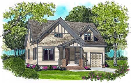 Craftsman style house plan exterior, two stories, with prominent gables, shingle siding, and a front-facing garage.
