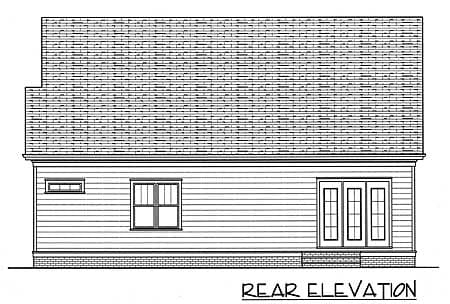 Rear elevation drawing showing horizontal siding, a small rectangular window, a divided-light window, and double French doors.