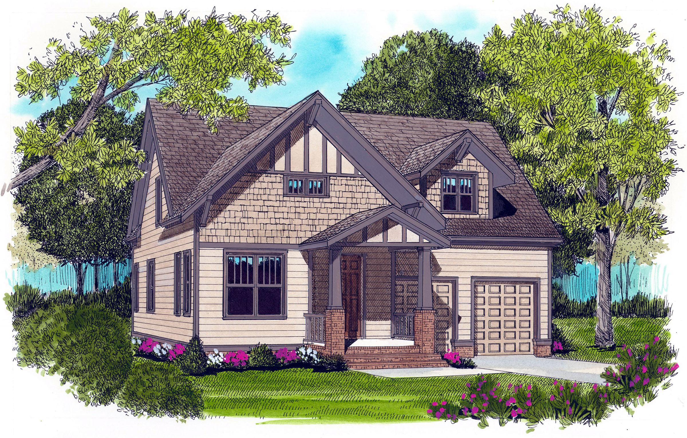 House plan exterior: Craftsman style, two stories, gable roof, dormers, covered porch with brick pillars, and attached garage.