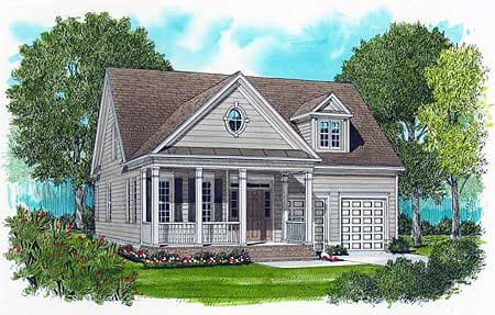 House plan exterior: One-story home with wraparound porch, dormer, and attached one-car garage.
