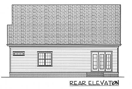 Rear elevation drawing of a house plan, showing horizontal siding, a horizontal window, a double-hung window, and double doors.