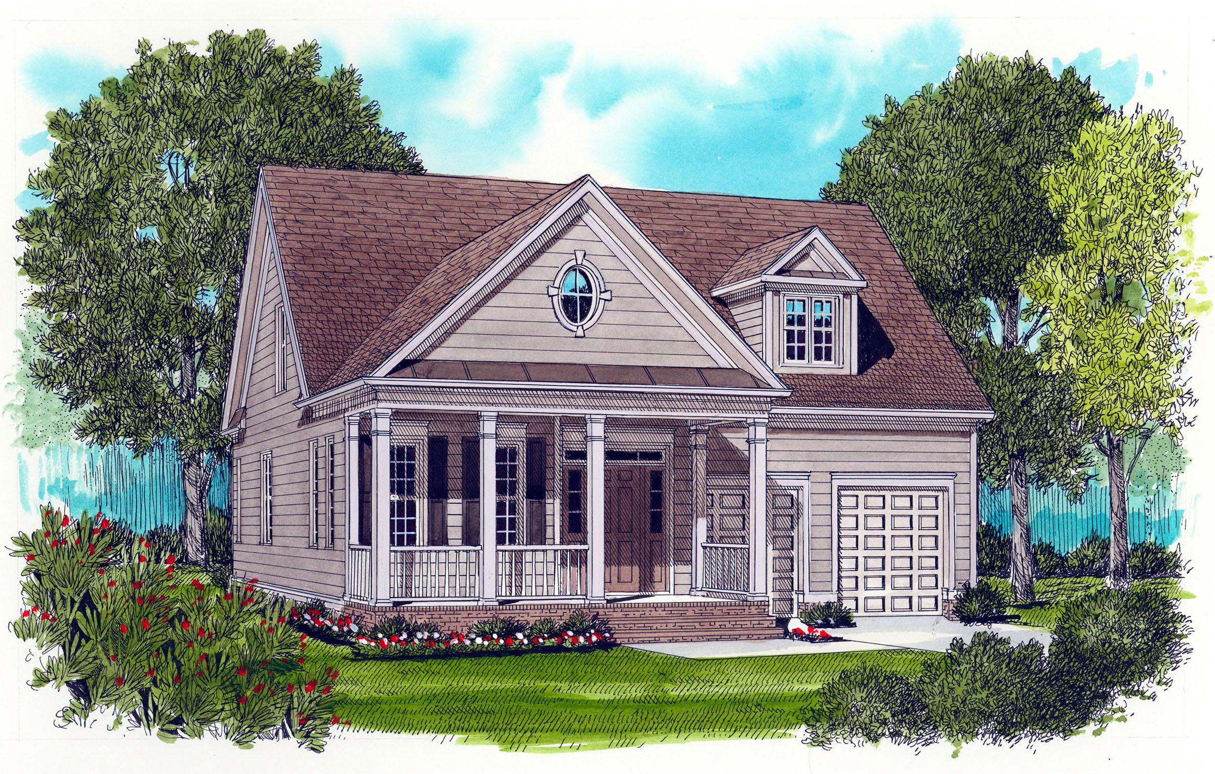 House plan exterior of a one-story home with a wraparound porch, gabled dormer, and attached one-car garage.