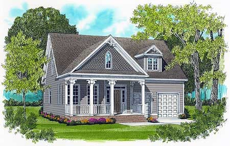 House plan exterior: Two-story home with a full front porch, gables, dormer, and attached garage.