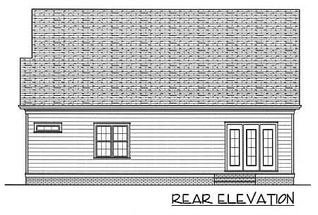 Rear elevation drawing showing horizontal siding, a small rectangular window, a multi-pane window, and French doors.
