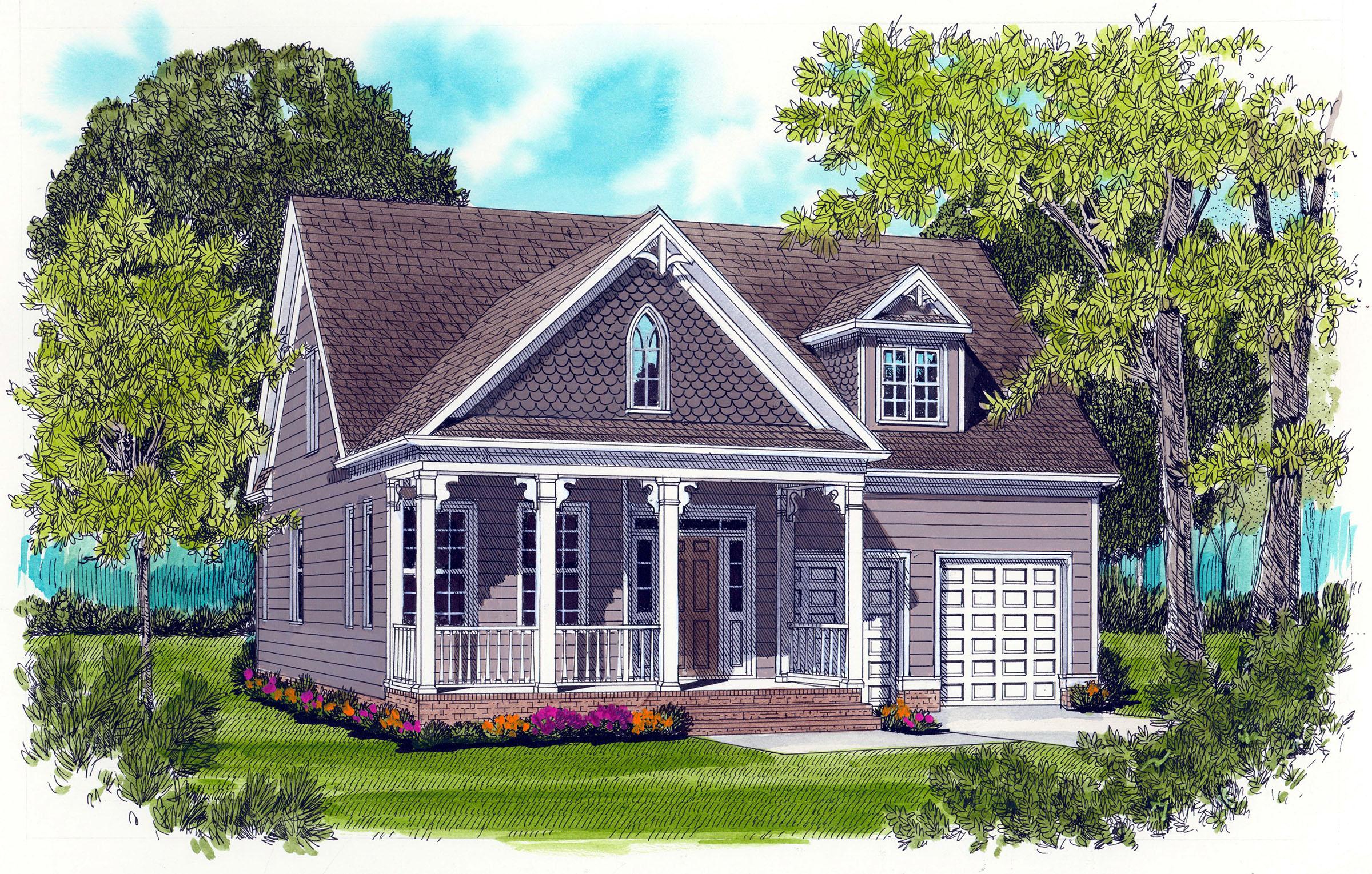 House plan exterior drawing: Two-story home with large wraparound porch, gables, dormer windows, and attached garage.
