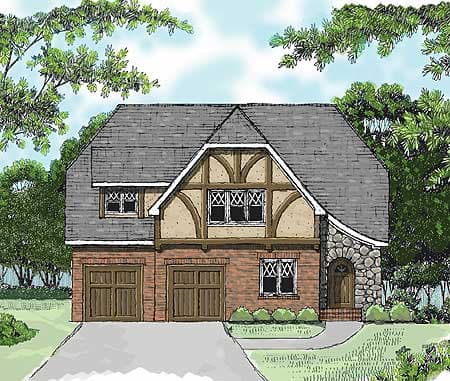House plan exterior of two-story Tudor-style home with half-timbering, stone accents, two garage doors, and steeply pitched roof.