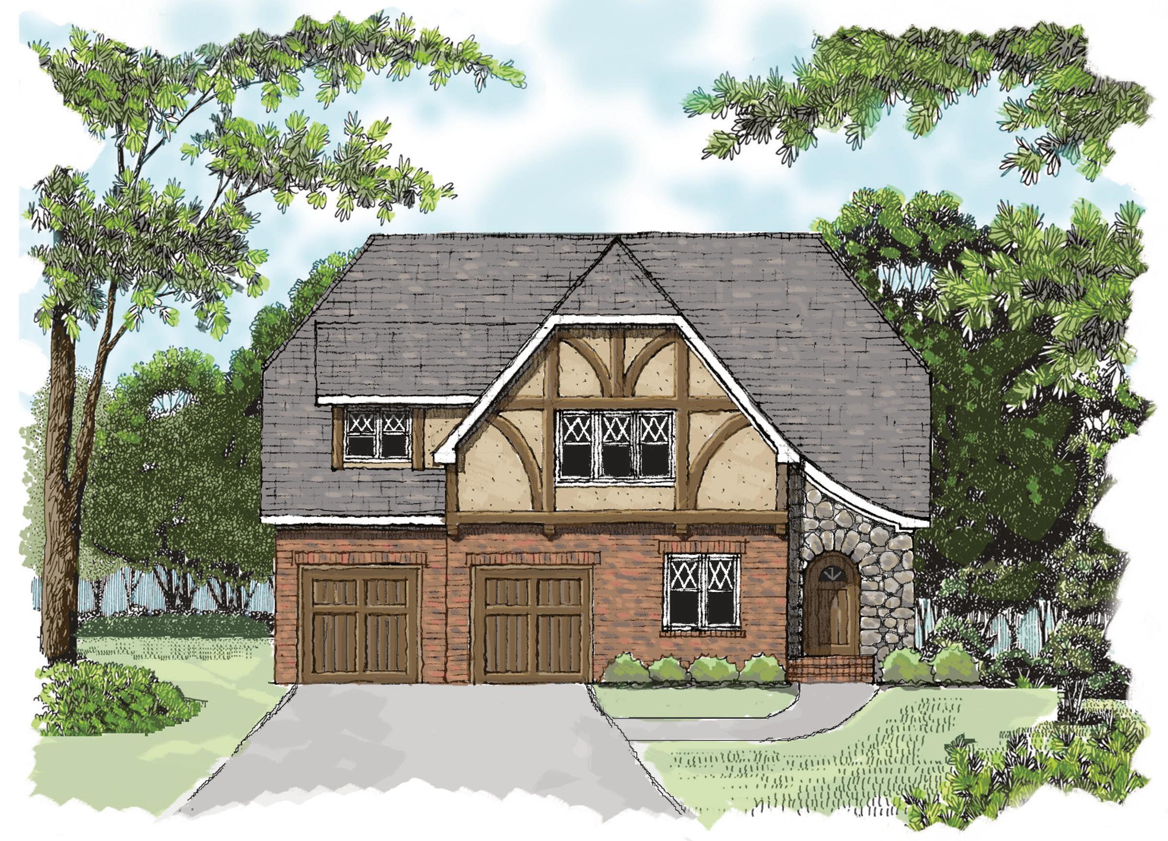 House plan exterior of two-story Tudor style home with brick and stone facade, double garage doors, and arched entry.