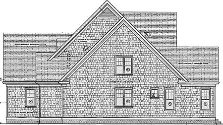 Architectural house plan elevation drawing showing cedar shake siding, multiple gables, dormer, and asphalt shingles.
