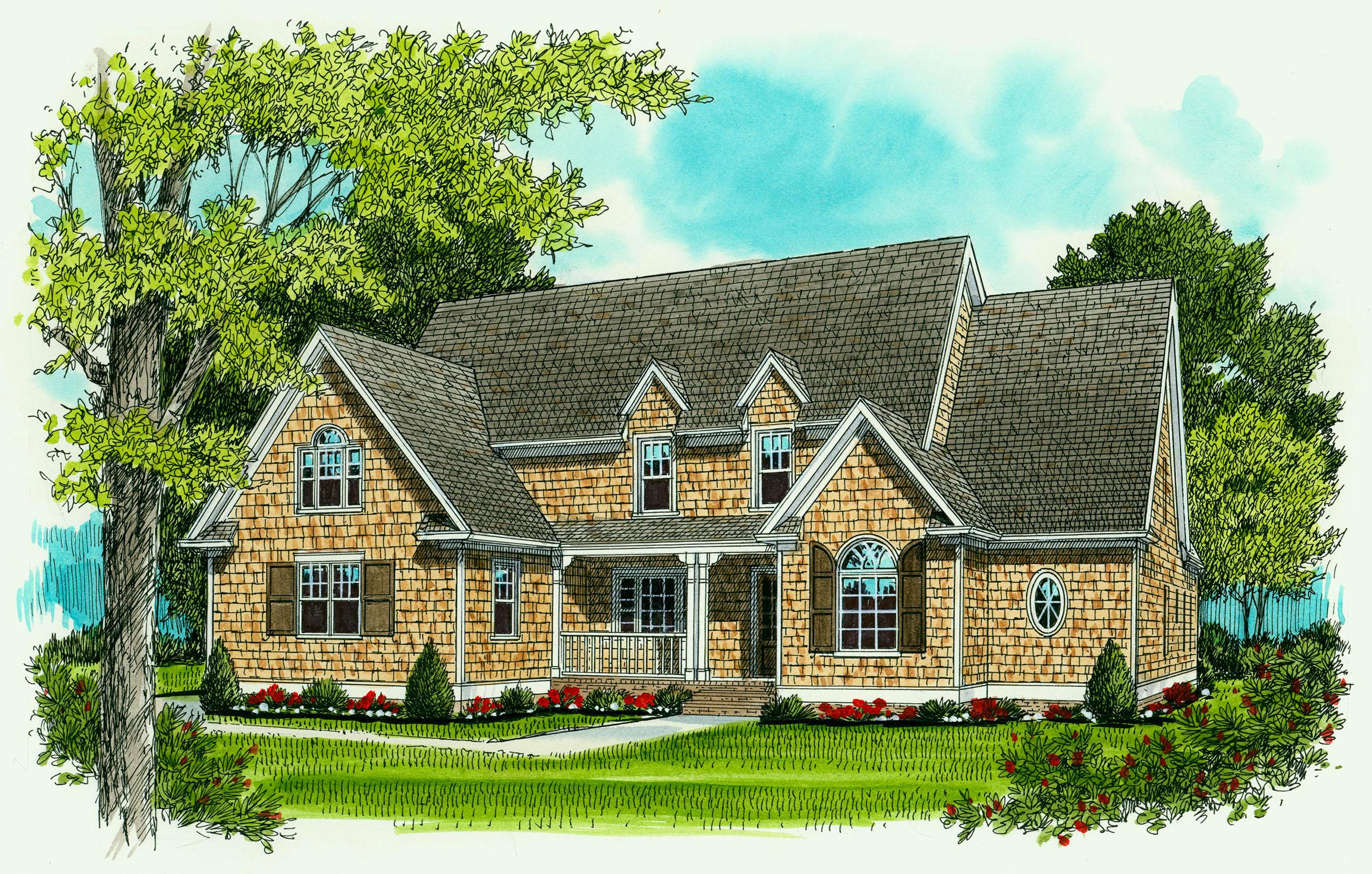 House plan exterior: One-and-a-half-story home with shingle siding, covered porch, multiple gables, and dormer windows.