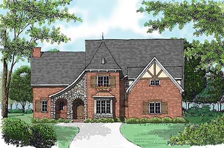 House plan exterior: Two-story brick home with stone-clad arched entryway, multiple gables, and dormer windows.