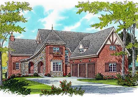 House plan exterior: Brick and stone Tudor-style home with a rounded arched entryway, multiple gables, and a three-car garage.