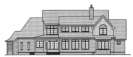 House plan exterior, showcasing a multi-story home with a wraparound porch, stone accents, and varied rooflines.