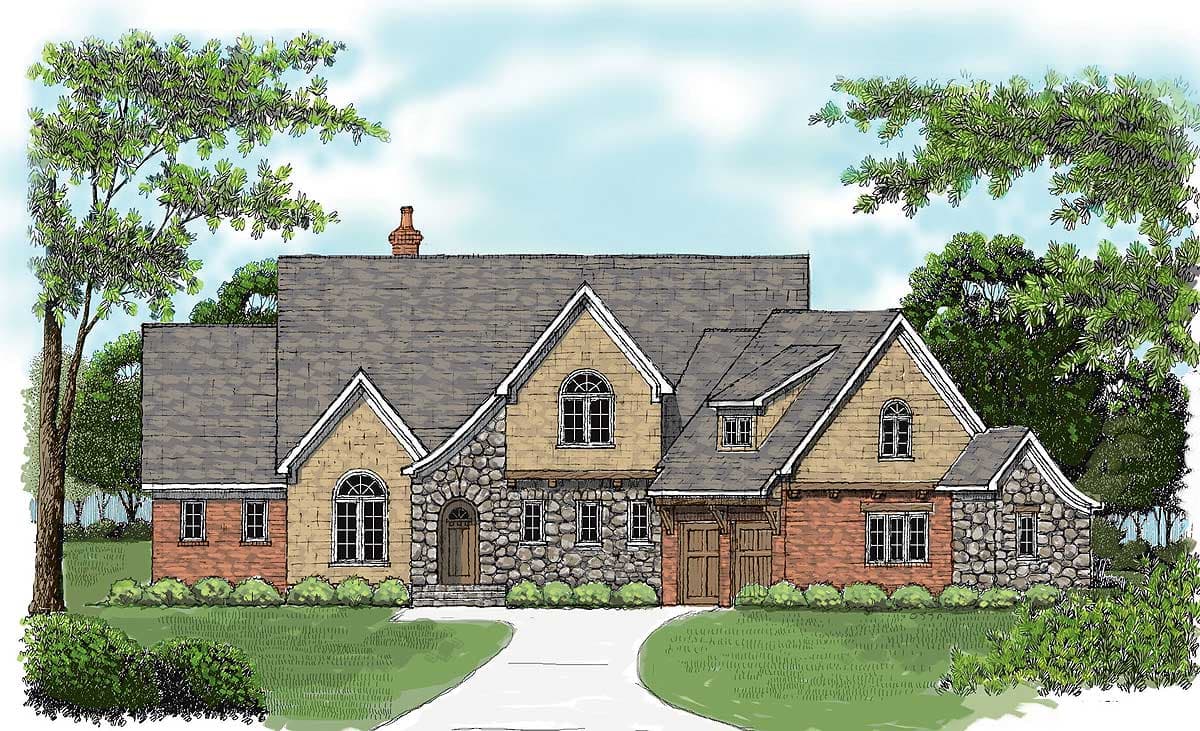 House plan exterior featuring stone and brick facade, multiple gables, arched windows, and a detached garage.