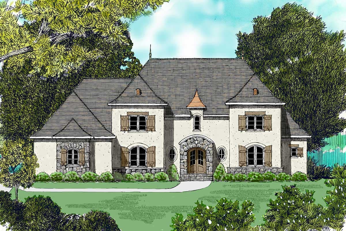 House plan exterior: European-style two-story home with stone arch entrance, dormers, and prominent gables.