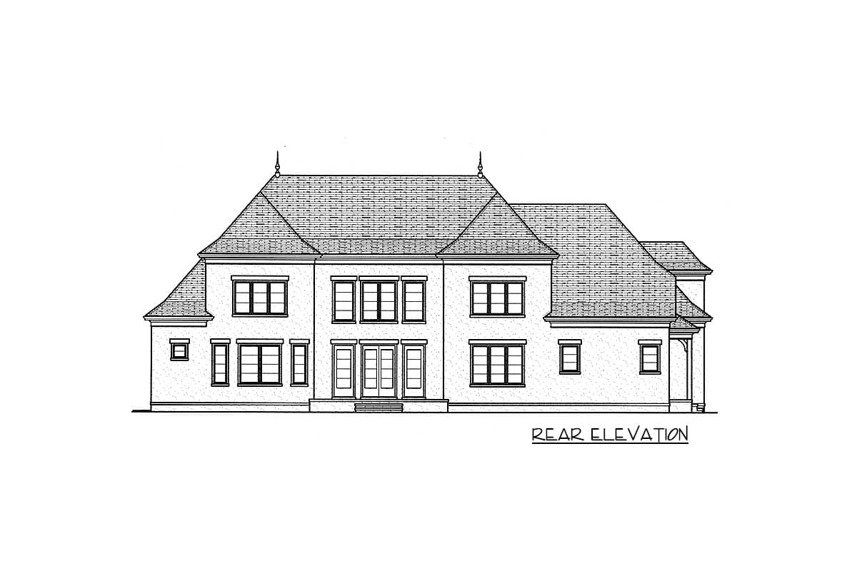 Rear elevation drawing of a two-story house plan with a complex roofline, multiple windows, and double doors.