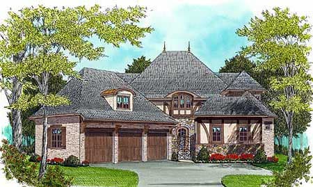 House plan exterior showing a multi-story home with a steep hip roof, dormer windows, and a three-car garage.